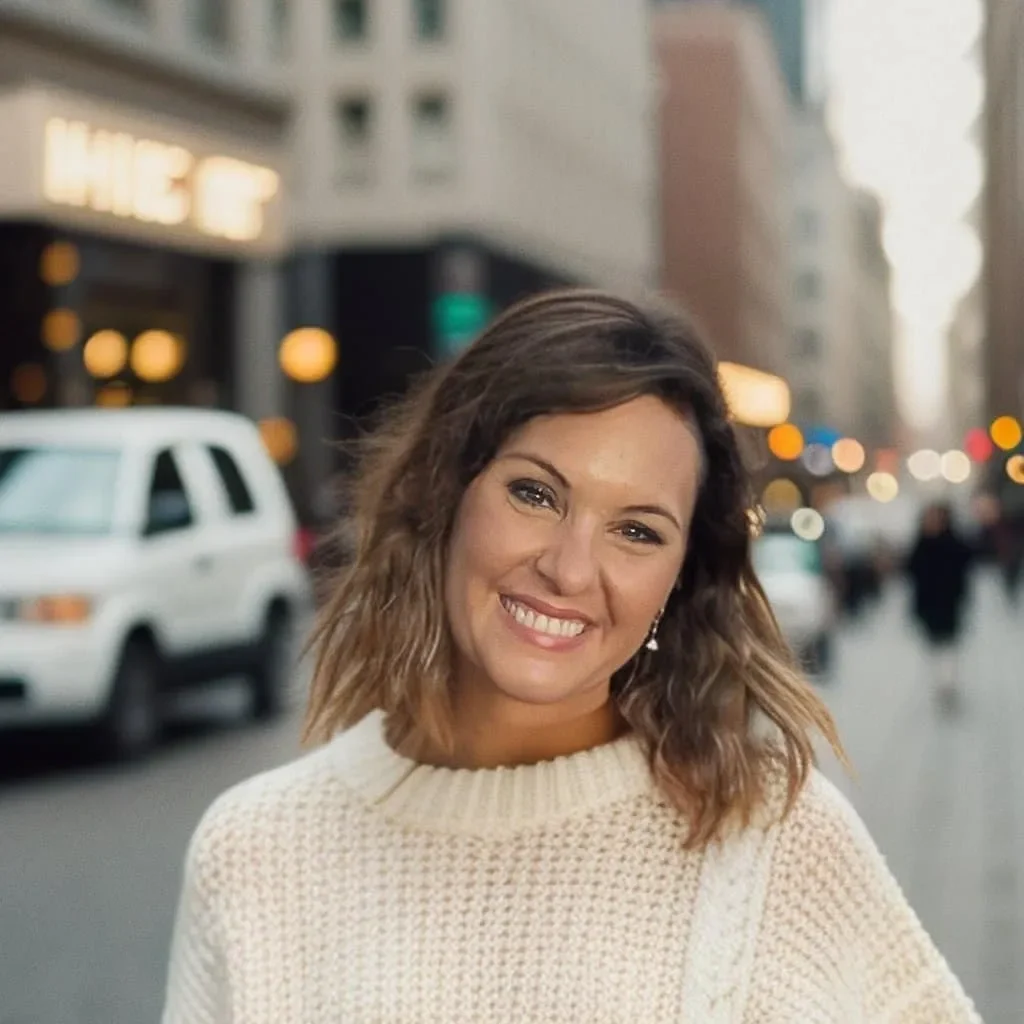 A woman standing on the side of a road.