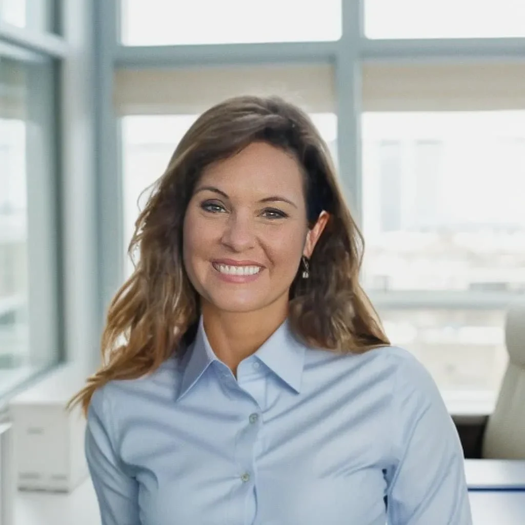 A woman in a blue shirt is smiling for the camera.