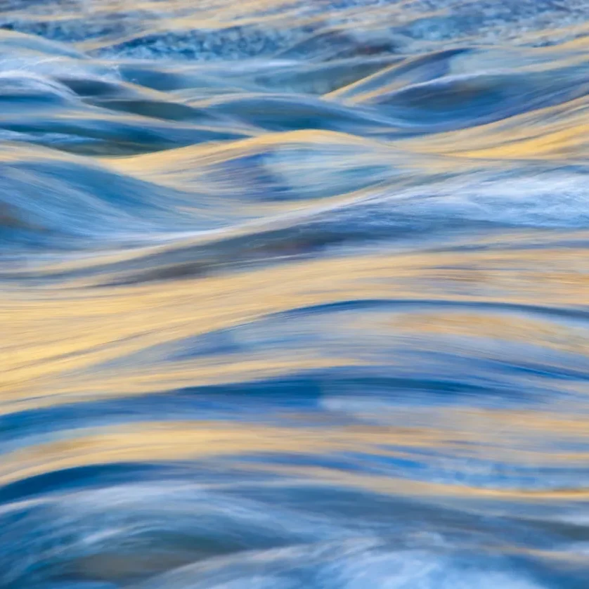 A close up of the water surface with yellow and blue colors.